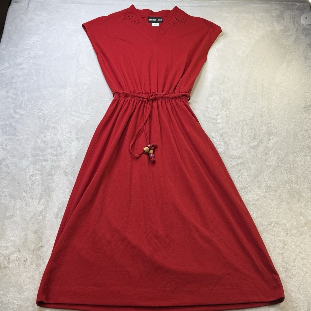 Vintage 70s Strait Lane Red Midi Dress‎ Womens Size 12 Belted Retro Boho Mod